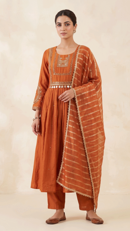 Rust Mul Chanderi Embroidered Flared 3 Pc Set