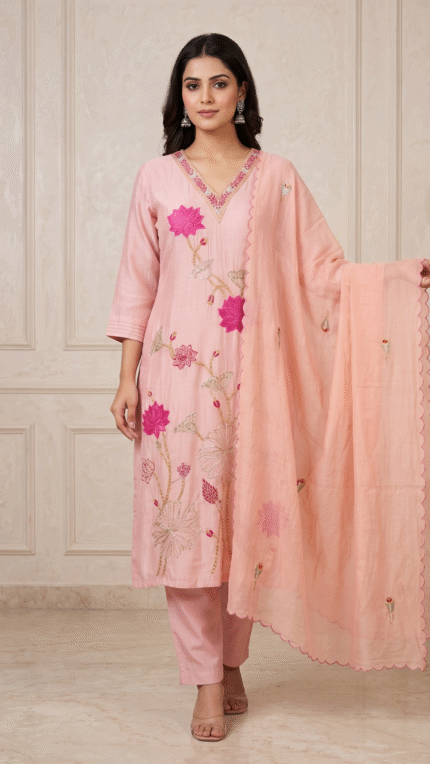 Peach Mul Chanderi Lotus Embroidered 3 Pc Set