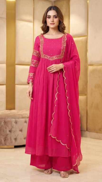 Hot Pink Mul Chanderi Embroidered Flared 3 Pc Set