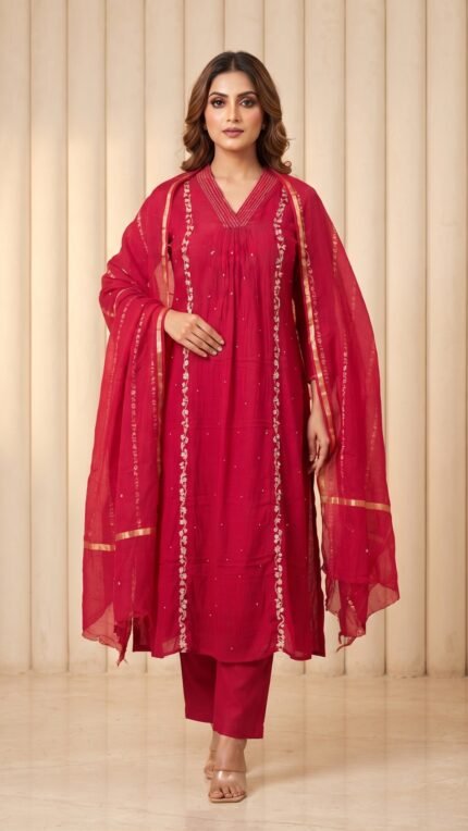 Red Mul Chanderi Embroidered 3 Pc Set