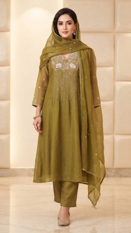 Olive Mul Chanderi Embroidered Flared 3 Pc Set
