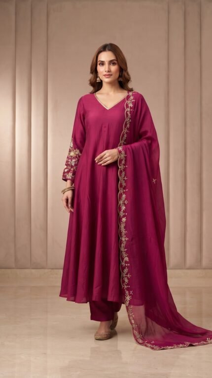 Wine Dola Silk Embroidered Flared 3 Pc Set