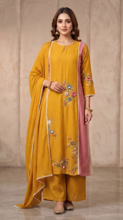 Mustard Mul Chanderi Floral Embroidered 3 Pc Set