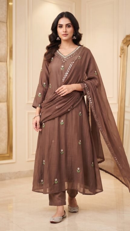 Chocolate Mul Chanderi Floral Embroidered 3 Pc Set