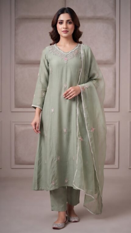 Mint Green Mul Chanderi Embroidered 3 Pc Set