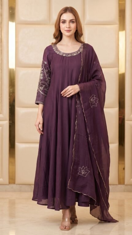 Purple Mul Chanderi Embroidered 3 Pc Set with Scalloped Dupatta