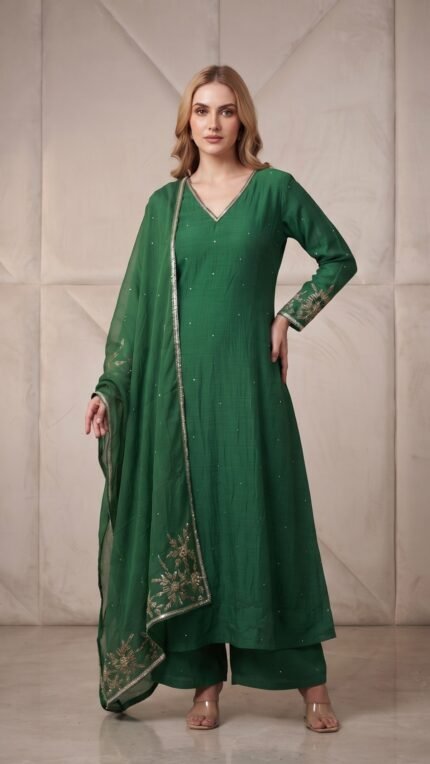 Emerald Green Mul Chanderi Embellished 3 Pc Set