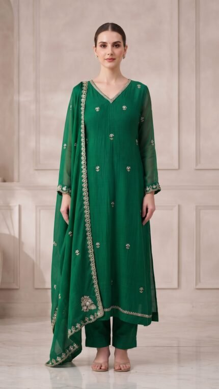 Emerald Green Mul Chanderi Flared 3 Pc Set with Floral Dupatta