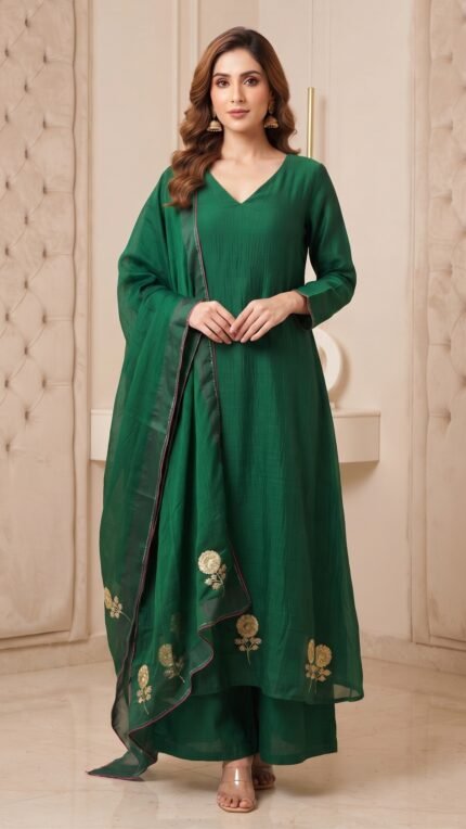 Emerald Green Mul Chanderi Floral Embroidered 3 Pc Set