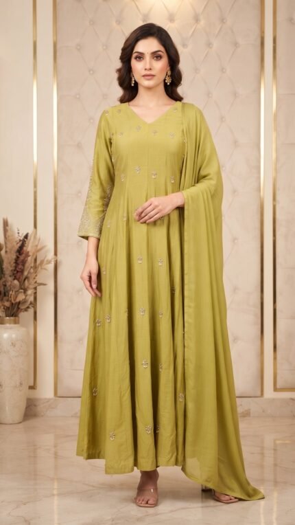 Light Green Dola Silk Embellished Flared 3 Pc Set