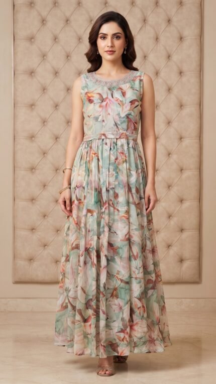 Multi Color Muslin Floral Print Maxi Dress