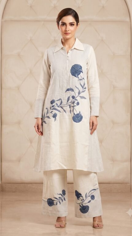 White Cotton Floral Embroidered Cord Set