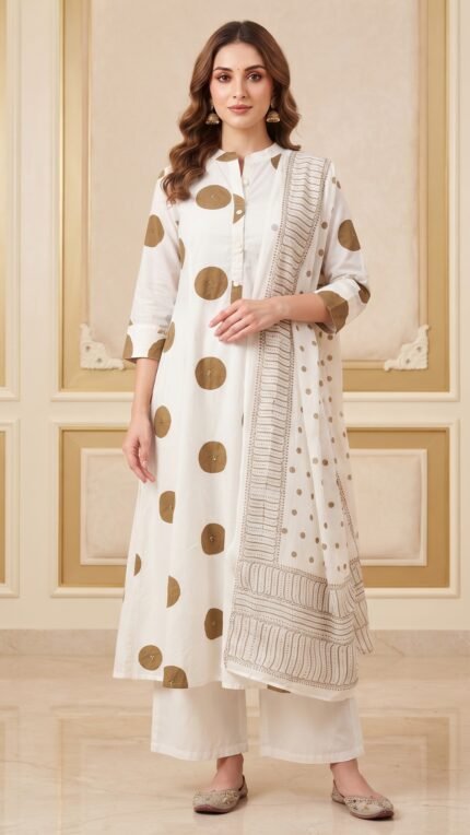 White Cotton Polka Print Dupatta Set