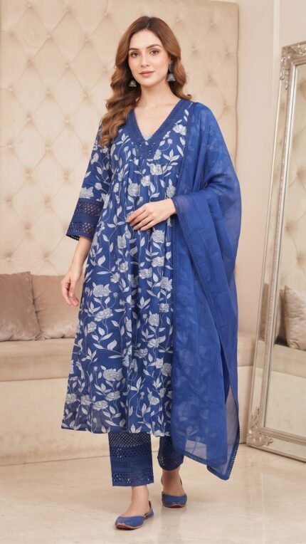 Blue Muslin Floral Print Dupatta Set