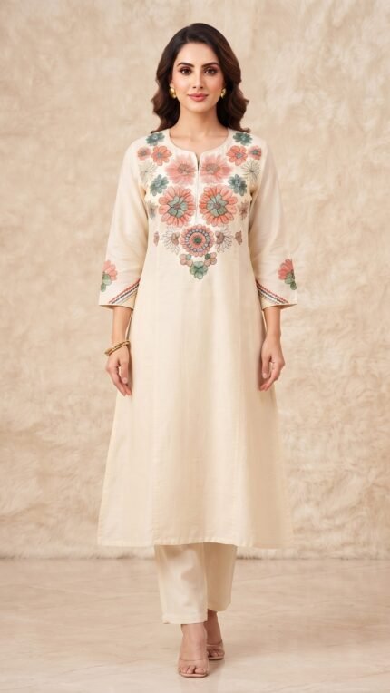 White Cotton Floral Embroidered Kurta Set