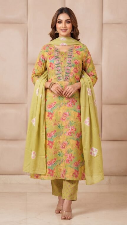 Green Cotton Floral Print Dupatta Set