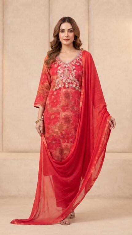 Red Muslin Floral Embellished Dupatta Set