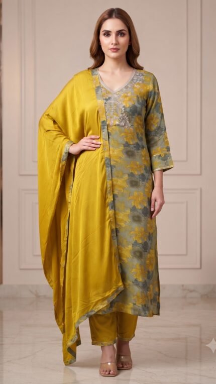 Green Muslin Floral Print Dupatta Set