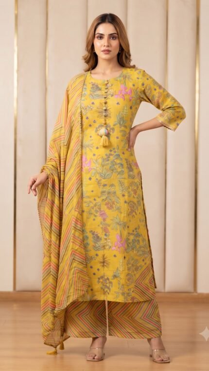 Yellow Cotton Botanical Print Dupatta Set