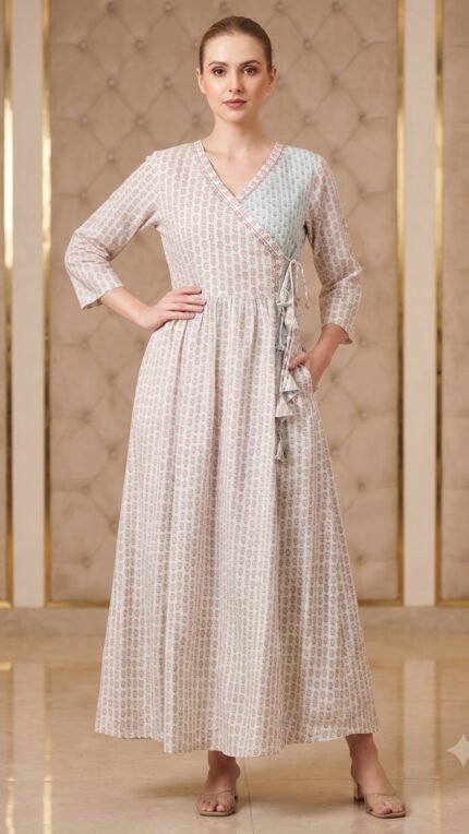 White Cotton Block Print Angrakha Dress