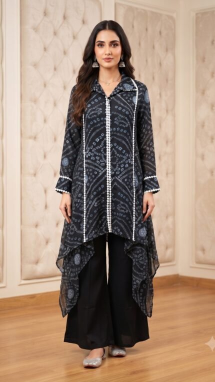 Black Georgette Bandhani Print High-Low Kurta Set