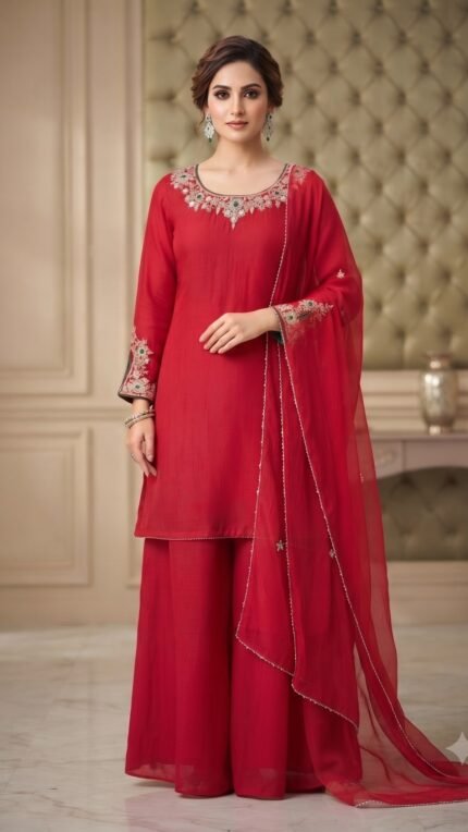 Red Mul Chanderi Embroidered Dupatta Set