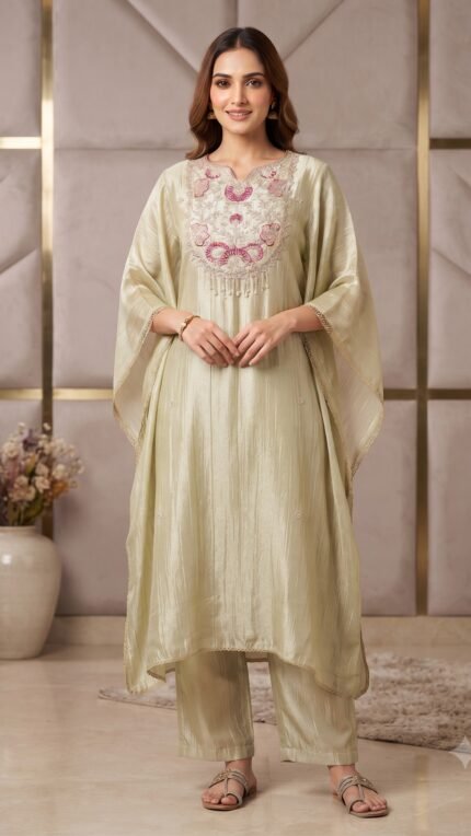 Cream Tissue Embroidered Kaftan Kurta Set