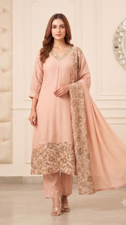 Peach Mul Chanderi Floral Dupatta Set
