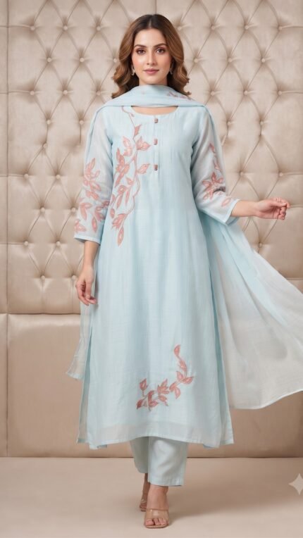 Sky Blue Mul Chanderi Floral Embroidered Dupatta Set