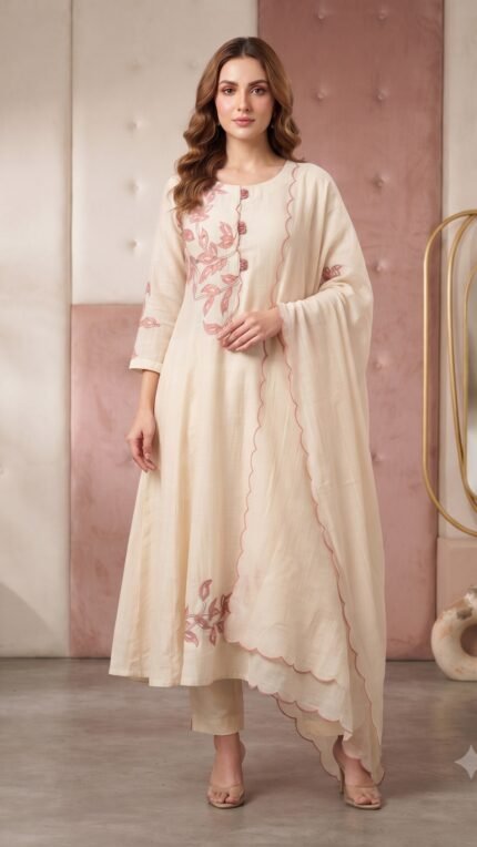 White Mul Chanderi Floral Embroidered Dupatta Set