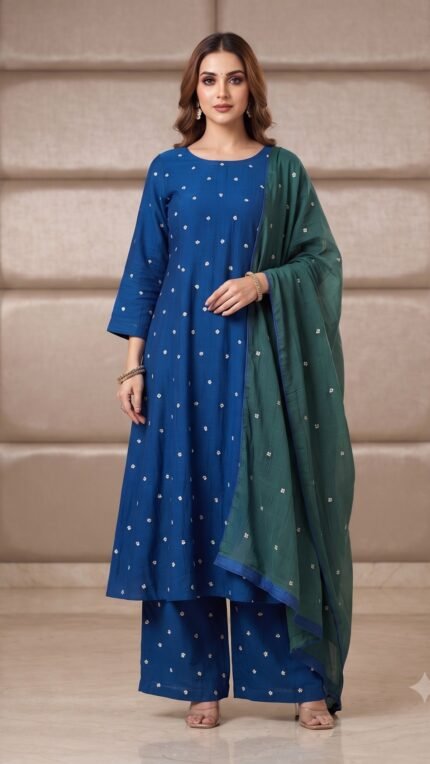 Blue & Green Mul Chanderi Embellished Dupatta Set