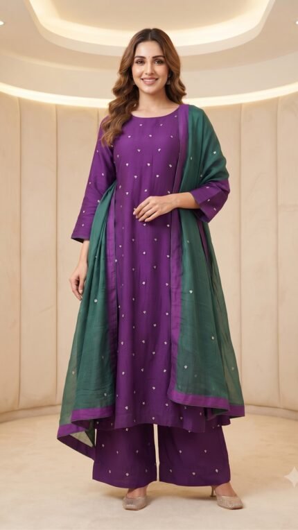 Purple & Green Mul Chanderi Embellished Dupatta Set