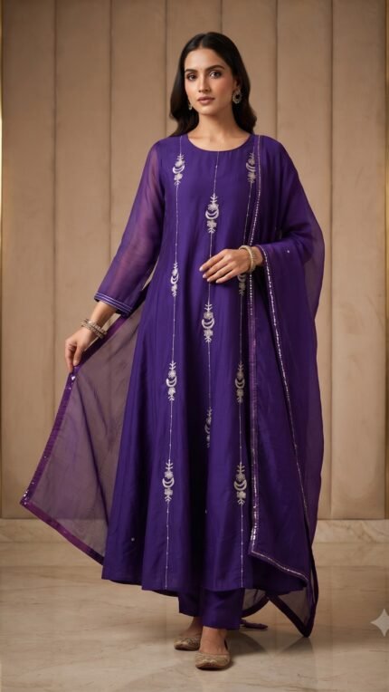 Purple Mul Chanderi Embroidered Dupatta Set