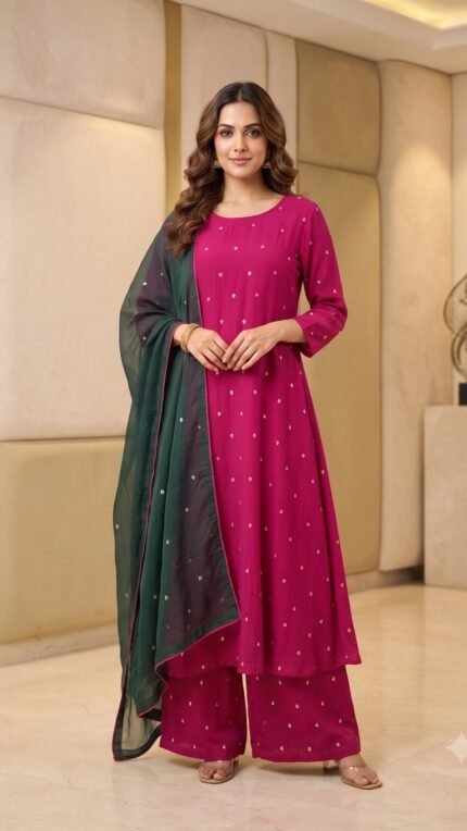 Pink & Green Mul Chanderi Embellished Dupatta Set