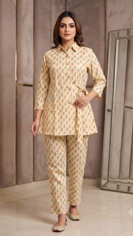 Yellow Cotton Printed Belted Shirt & Pant Co-ord Set