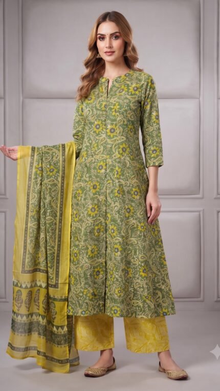 Green Cotton Floral Print Flared Kurta Pant Dupatta Set with Yellow Accents
