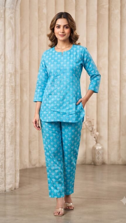 Sky Blue Cotton Floral Motif Tunic & Pant Co-ord Set