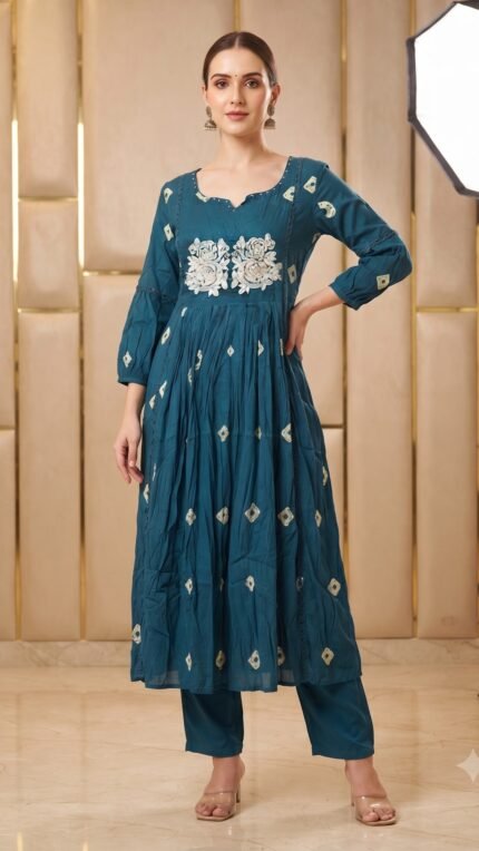 Blue Cotton Gathered Kurta & Pant Co-ord Set with Floral Embroidery