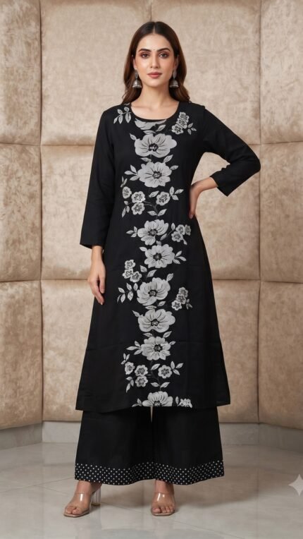 Black Georgette Floral Print Kurta & Wide-Leg Pant Co-ord Set
