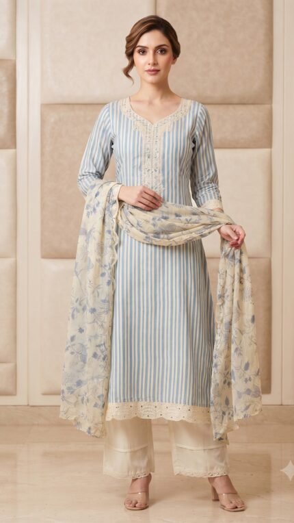 Sky Blue Muslin Striped Kurta Pant Dupatta Set with Floral Dupatta