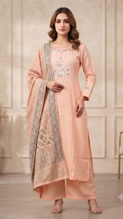 Peach Muslin Embroidered Kurta Pant Dupatta Set