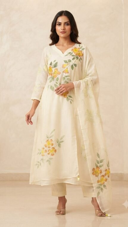 Off White Georgette Floral Print Kurta Pant Dupatta Set
