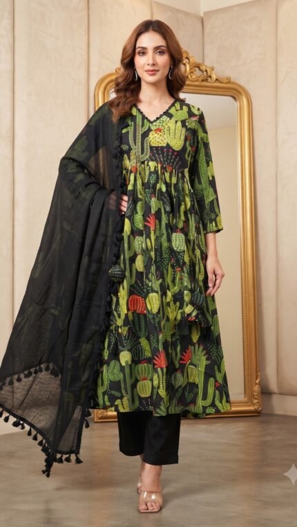 Black Cotton Cactus Print Kurta Pant Dupatta Set
