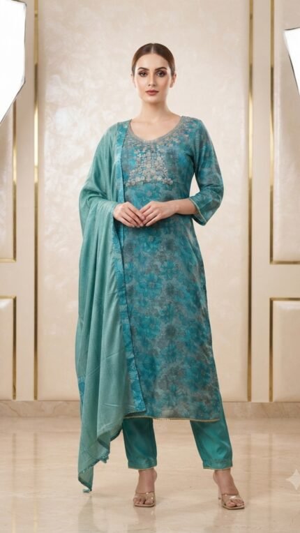 Blue Silk Floral Print Kurta Pant Dupatta Set