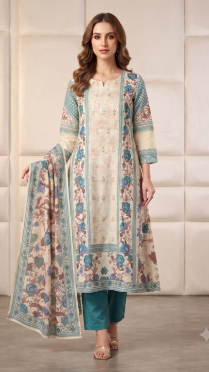 Multicolor Cotton Floral Border Kurta Pant Dupatta Set