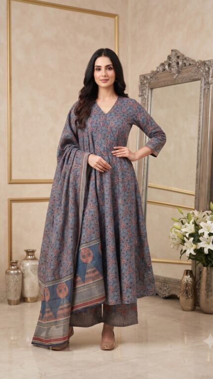 Blue Cotton Ajrakh-Inspired Print Kurta Pant Dupatta Set