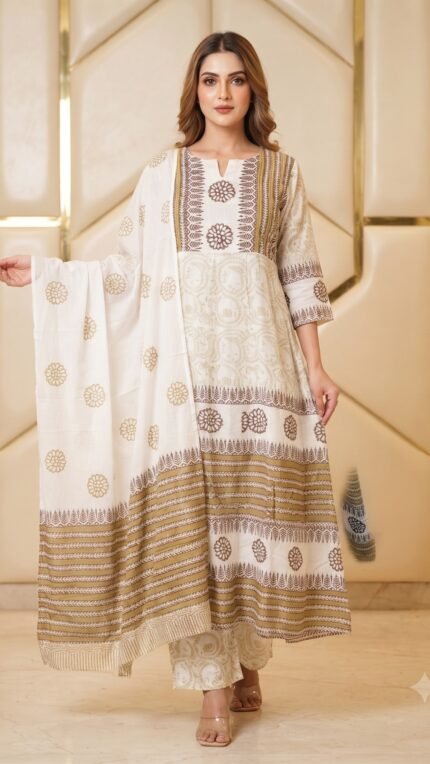 White Cotton Block Print Kurta Pant Dupatta Set