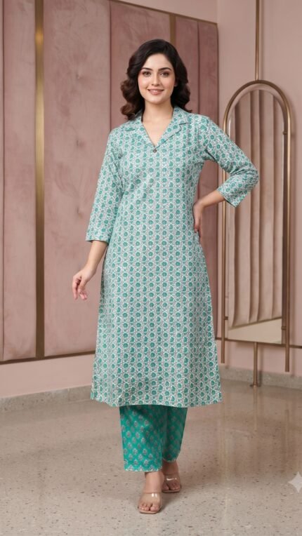 Blue Cotton Floral Print Collared Co-ord Set