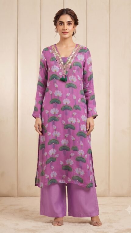 Purple Chiffon Lotus Print Kurta Pant Set with Embellished Neckline