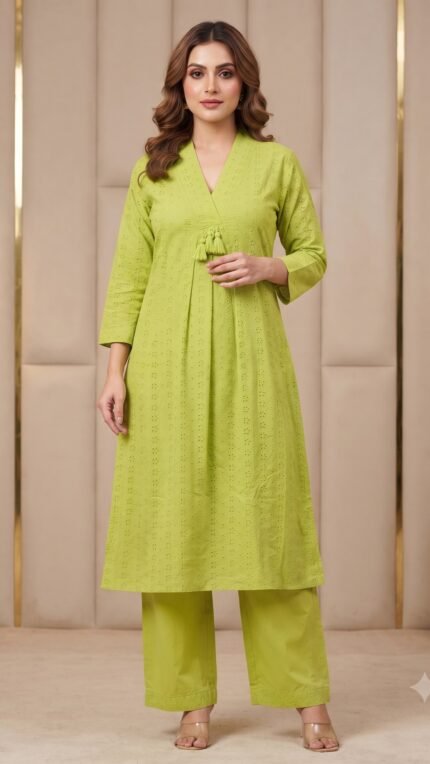 Green Cotton Eyelet A-Line Co-ord Set with Tassel Detail